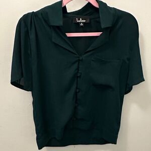 Lulu's Dark Green Button-Down Short Sleeve Blouse